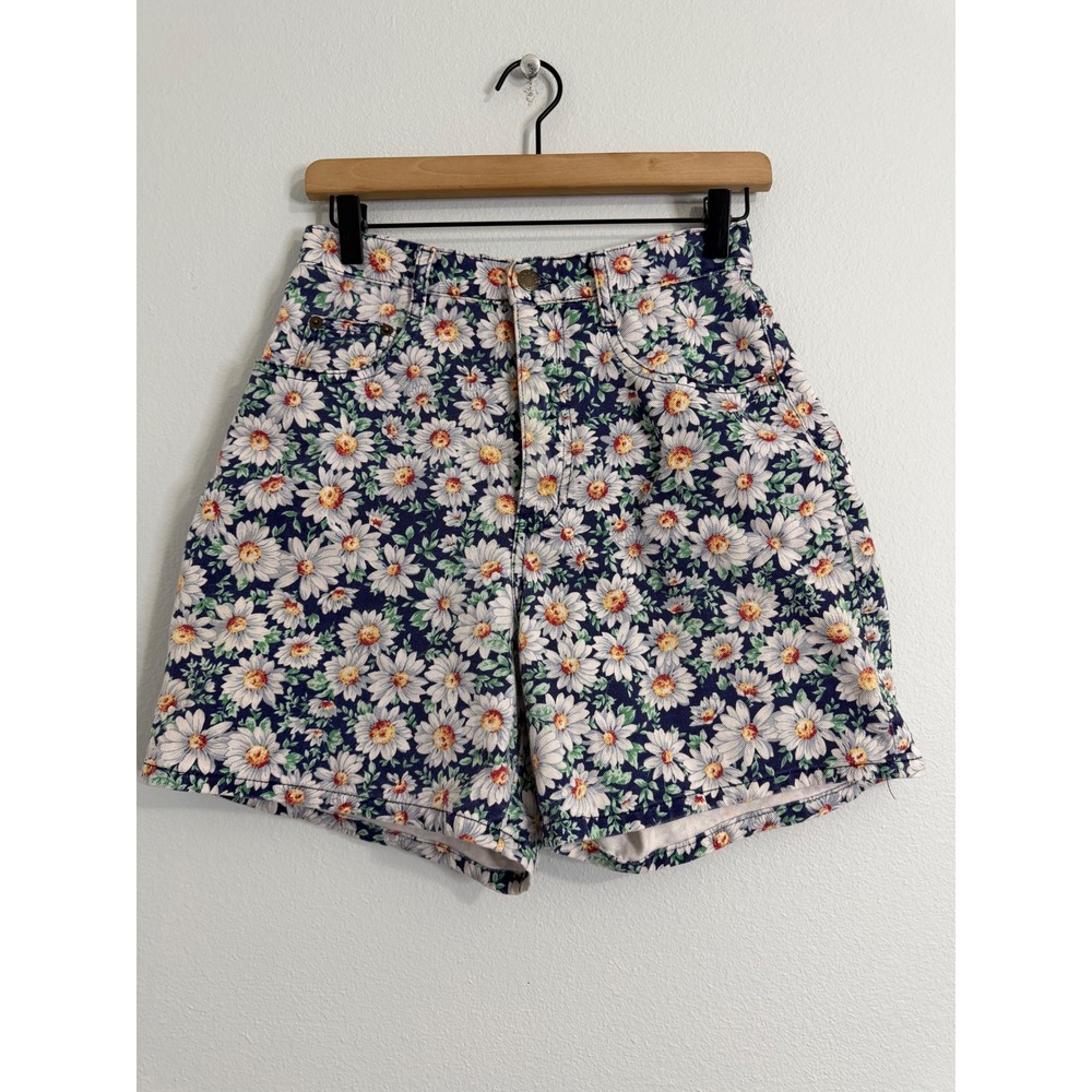 Vintage 90's- High Waist Denim Shorts Floral Daisy Print 100% Cotton Made in USA